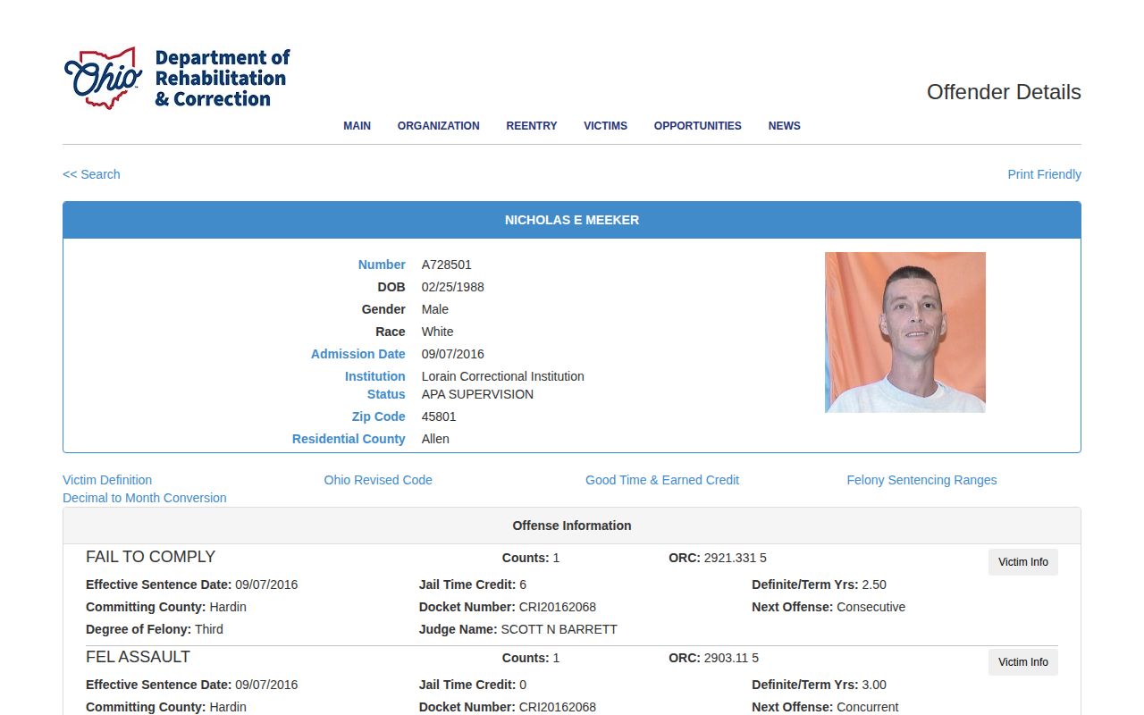 ODRC Hardin County released inmate photograph and release record fields