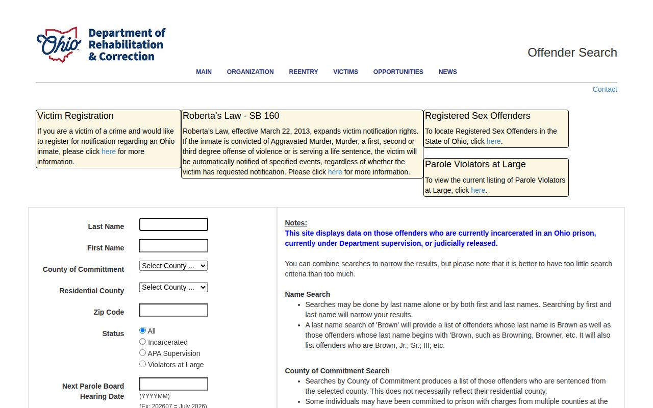 ODRC search filters for Hardin County released inmates